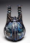 Blue Lustre Double Necked Bottle with Braided Decoration, ca 1969