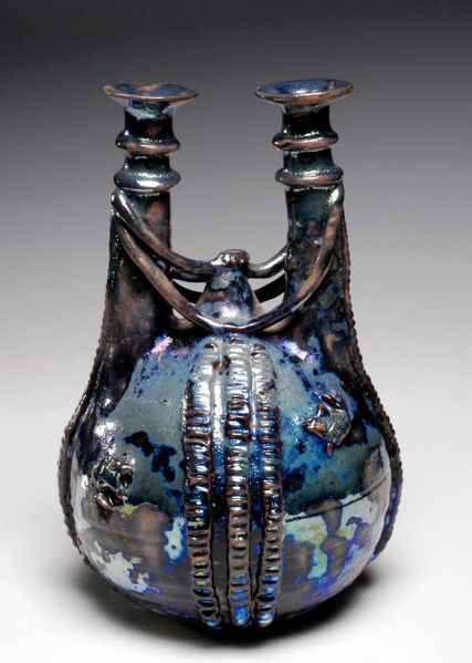 File:Wood - Blue Lustre Double Necked Bottle with Braided Decoration, ca 1969.jpg